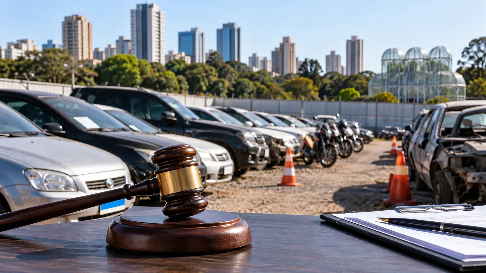 Martelo de leilão em primeiro plano diante de pátio com carros e motos, um veículo danificado e uma estufa de vidro ao fundo.