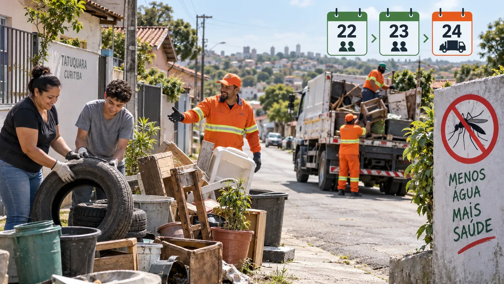 Moradores e equipes municipais retiram pneus, móveis e recipientes de uma rua do Tatuquara, com marcadores de calendário para os dias 22, 23 e 24.