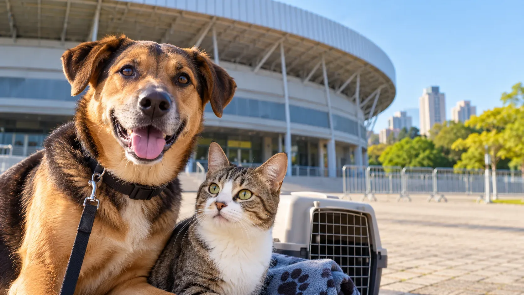 Cão e gato ao lado de uma caixa de transporte diante de uma arena esportiva, representando o mutirão de castração em Curitiba.