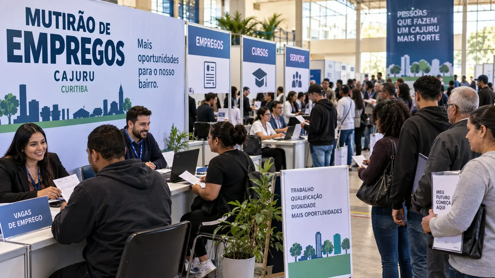 Feira de empregos em salão movimentado no Cajuru, com candidatos, recrutadores e estandes de empregos, cursos e serviços.