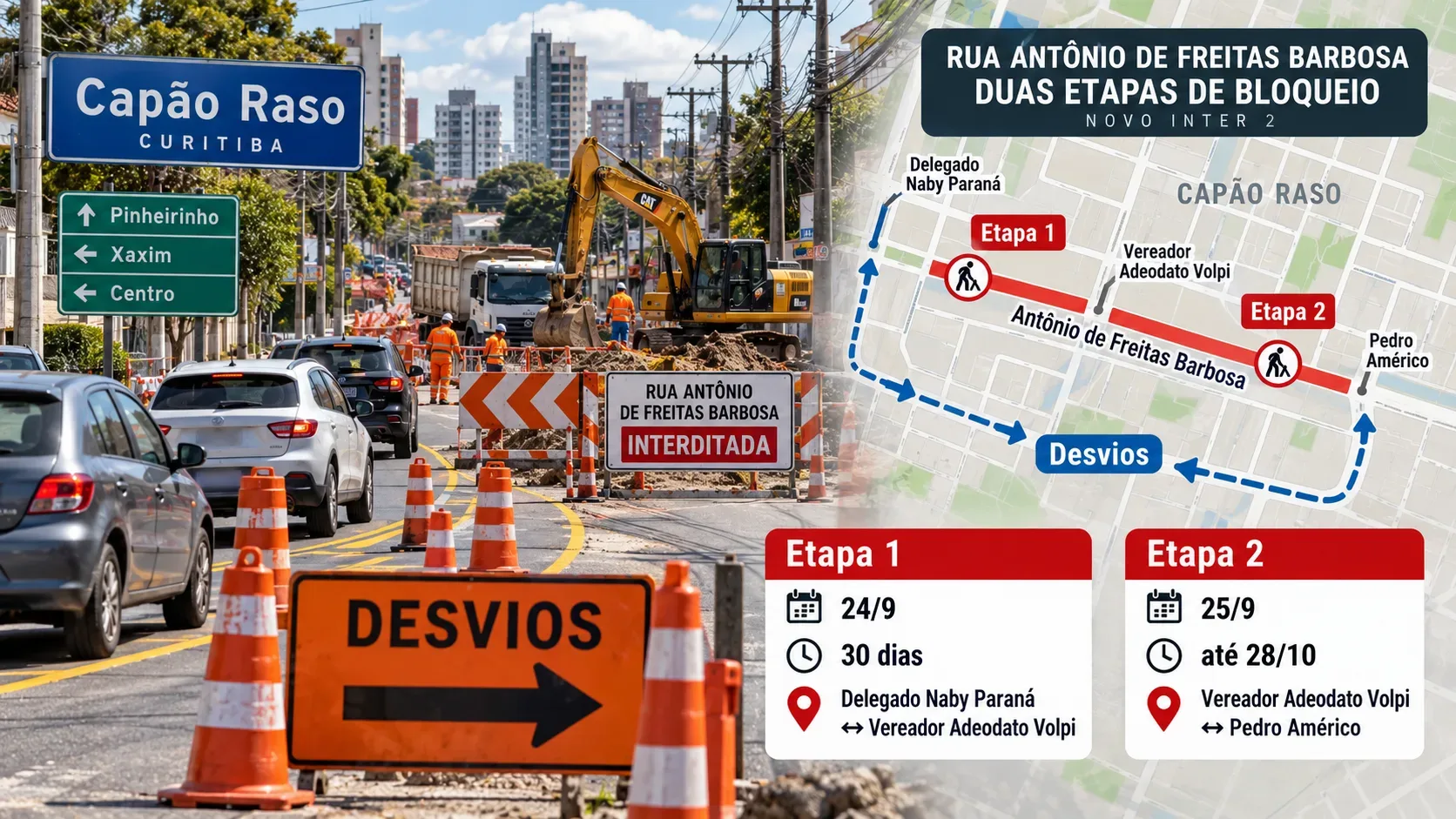 Obras viárias no Capão Raso, com cones, escavadeira, carros desviando e mapa lateral marcando duas etapas de bloqueio na Rua Antônio de Freitas Barbosa.
