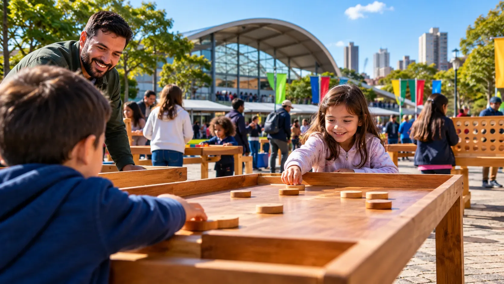Crianças e adultos jogam jogos artesanais de madeira em mesas ao ar livre em uma praça urbana ensolarada.