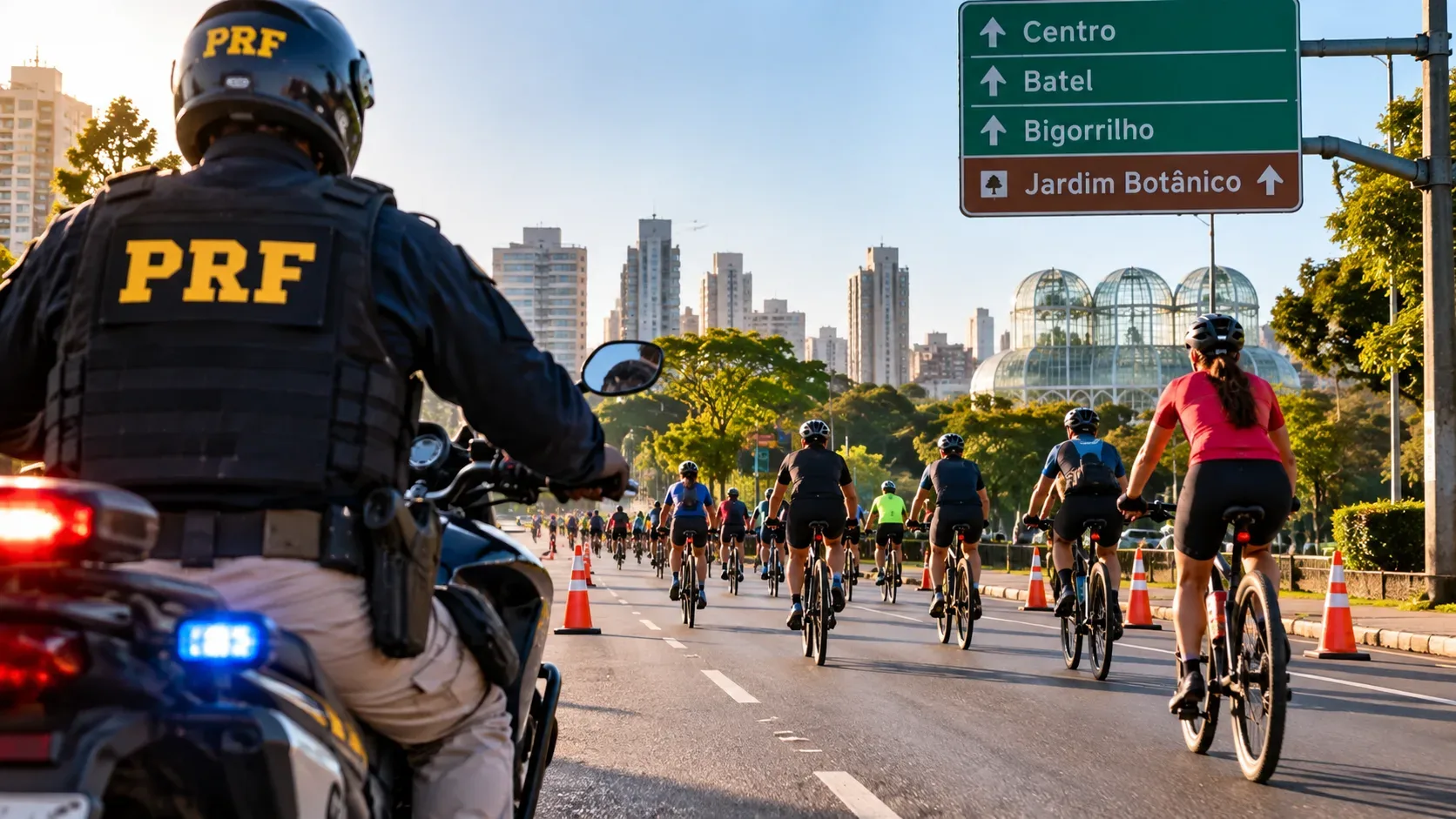 Agente da PRF em motocicleta acompanha grupo de ciclistas por avenida sinalizada de Curitiba, com o Jardim Botânico ao fundo.