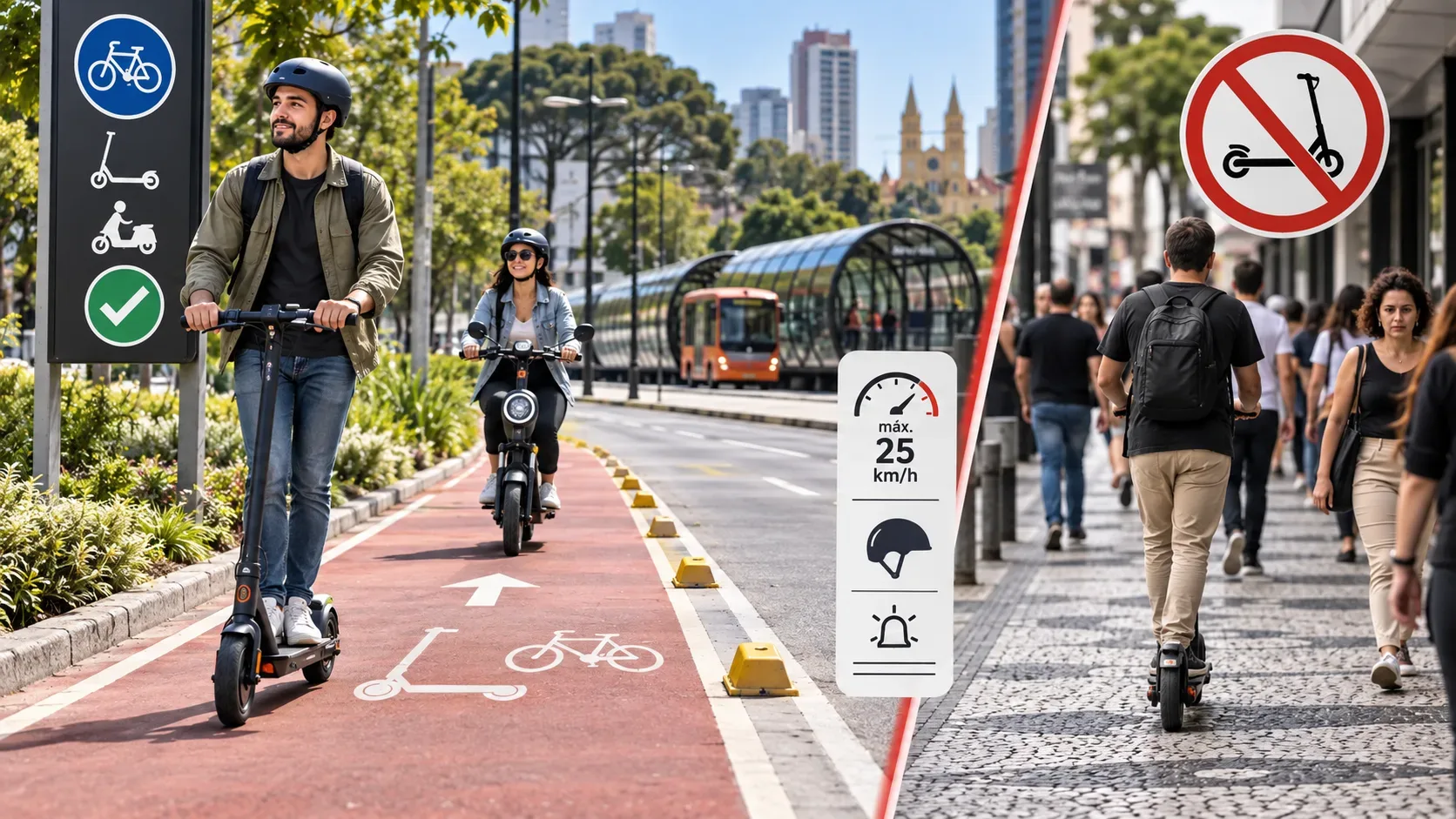 Cena urbana dividida entre ciclovia com usuários de patinetes e scooters elétricos e calçada movimentada com sinal de proibição, em ambiente inspirado em Curitiba.