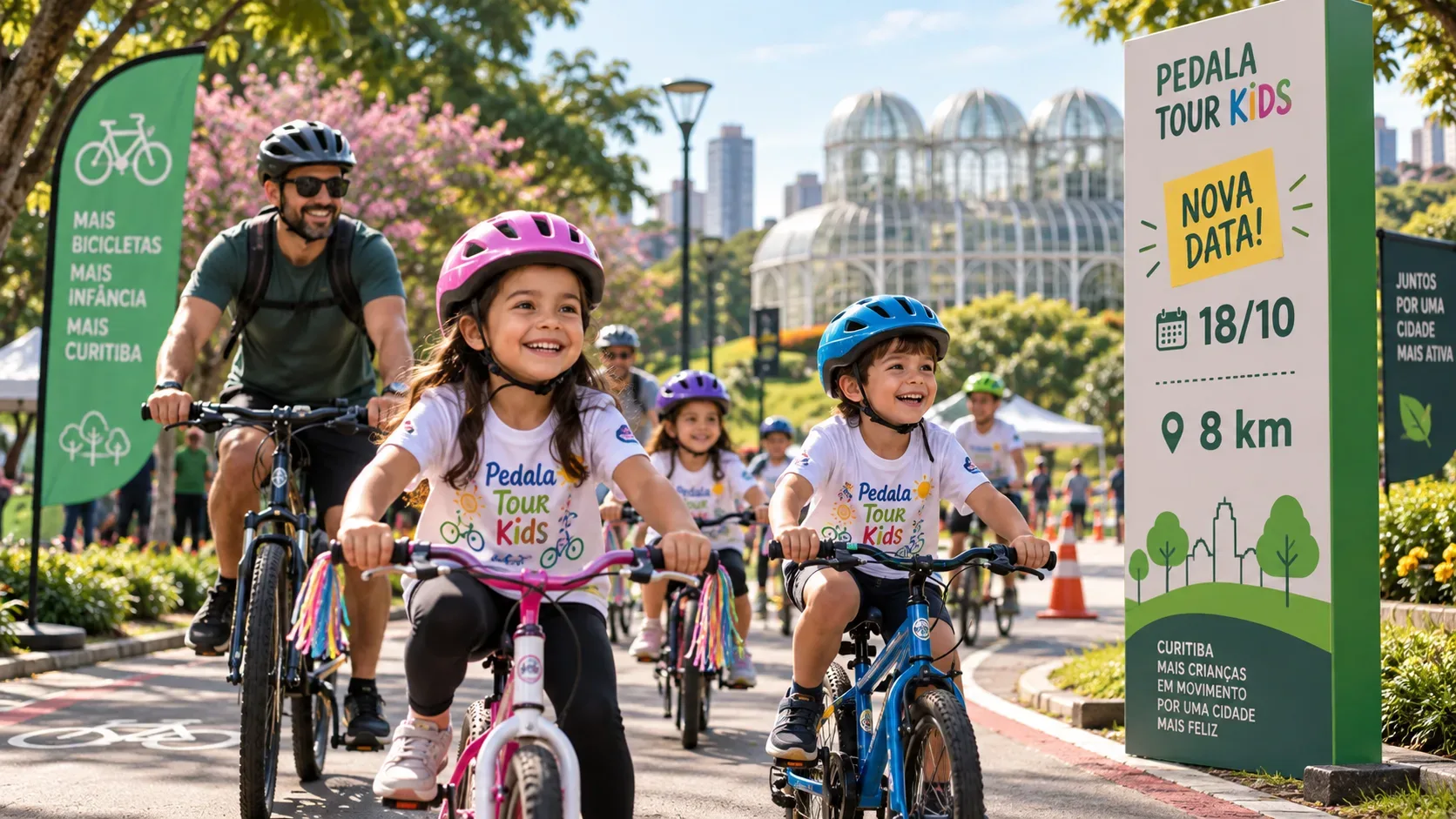 Crianças de capacete pedalando com um adulto em Curitiba, com área verde, estufa ao fundo e sinalização do Pedala Tour Kids com a nova data.