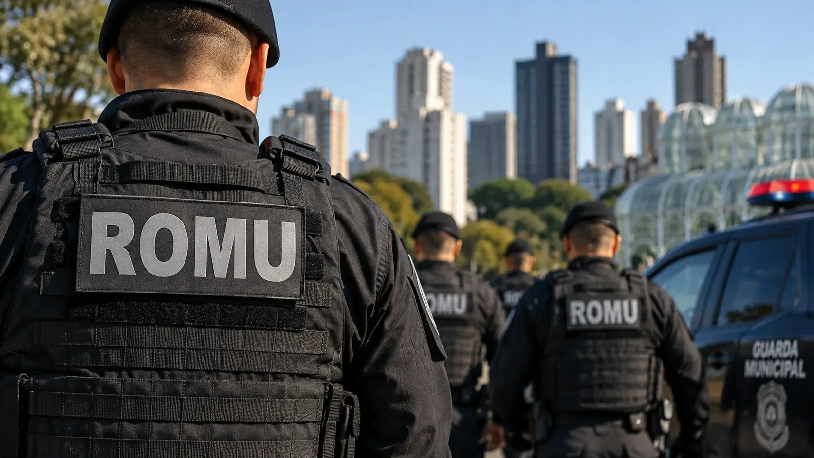 Guardas municipais com uniformes táticos identificados como ROMU ao lado de viatura, com paisagem urbana de Curitiba ao fundo.