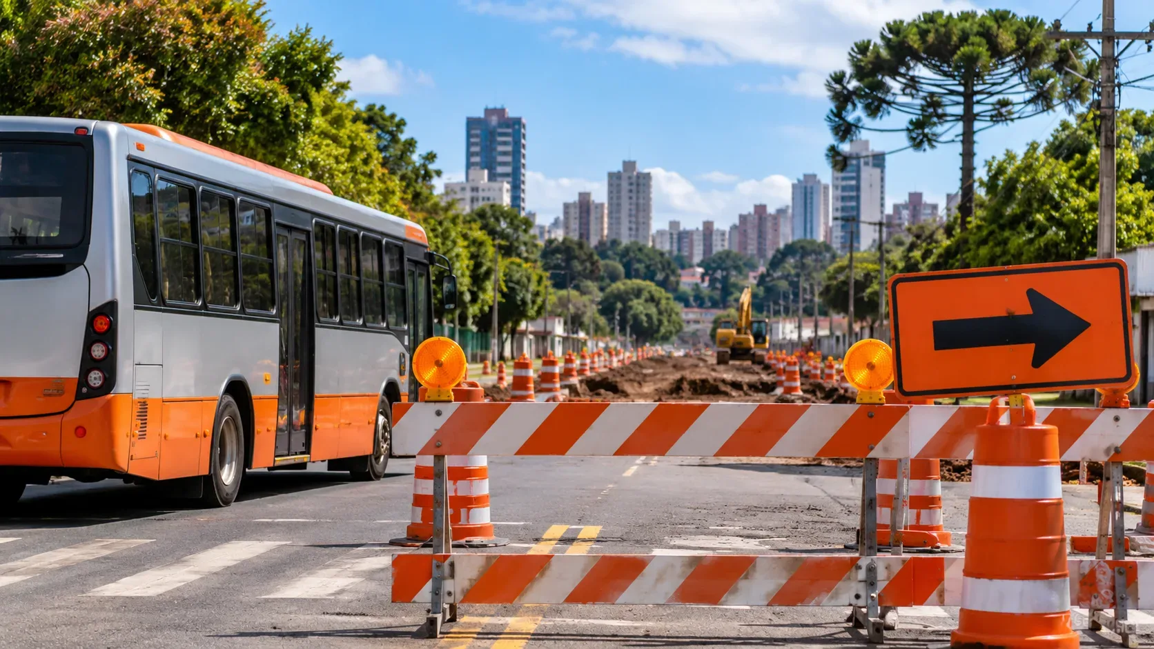 Via urbana em obras com barreiras laranja e brancas, ônibus ao lado, placa com seta de desvio e prédios ao fundo.