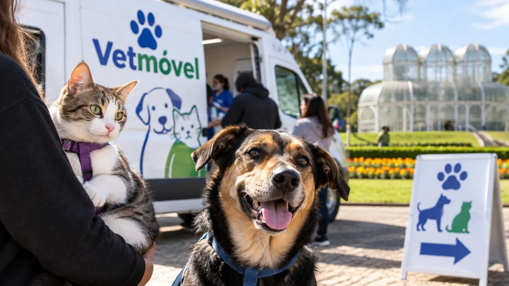 Gato com peitoral roxo e cão com coleira azul em frente a uma van Vetmóvel durante ação em área verde, com estufa de vidro ao fundo.