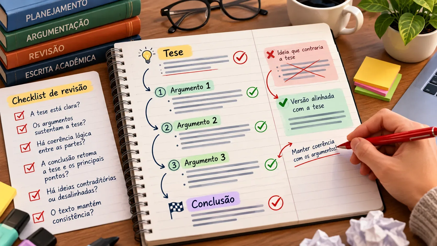 Mesa de estudos com caderno aberto mostrando estrutura de tese, argumentos e conclusão, checklist de revisão, marcações de correção e uma mão com caneta vermelha.