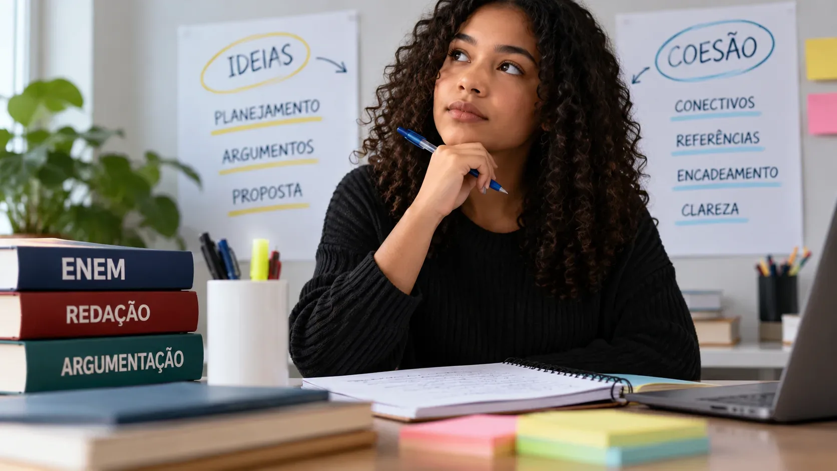 Estudante em mesa de estudos com caderno e laptop, livros sobre Enem e redação e cartazes ao fundo destacando ideias, planejamento, argumentos e coesão.