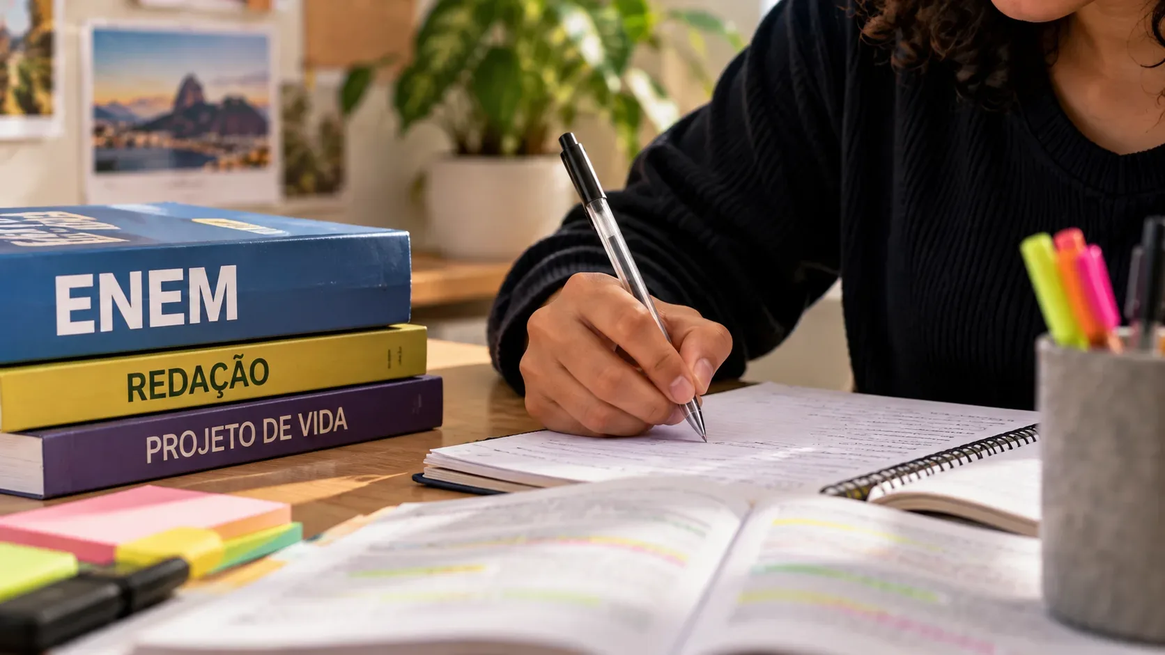 Estudante escreve em caderno espiral sobre mesa de estudos, ao lado de livros do Enem e redação, marca-textos e anotações.