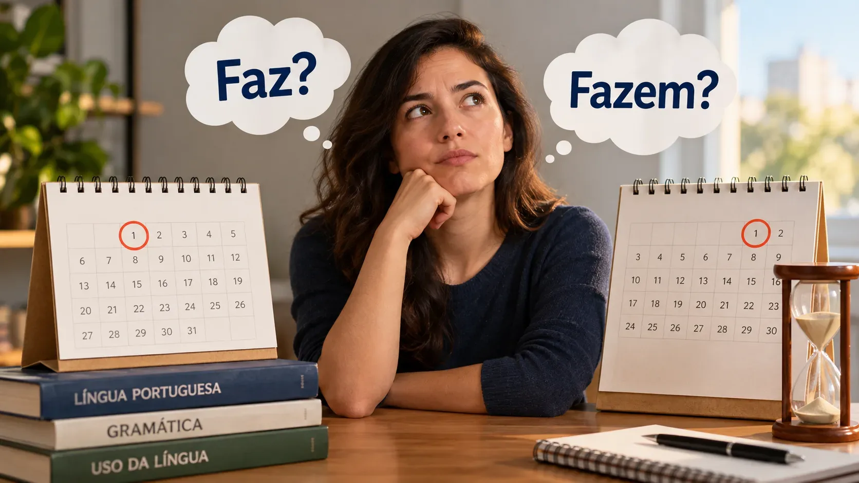 Mulher em uma mesa de estudos entre dois calendários e uma ampulheta, pensando nas formas “Faz?” e “Fazem?”.