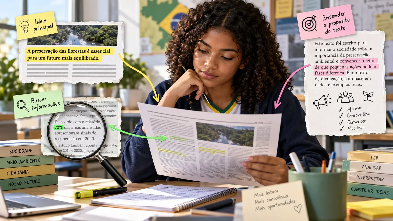 Estudante analisa um texto impresso em uma mesa de estudos, cercada por anotações visuais sobre ideia principal, busca de informações e propósito do texto.