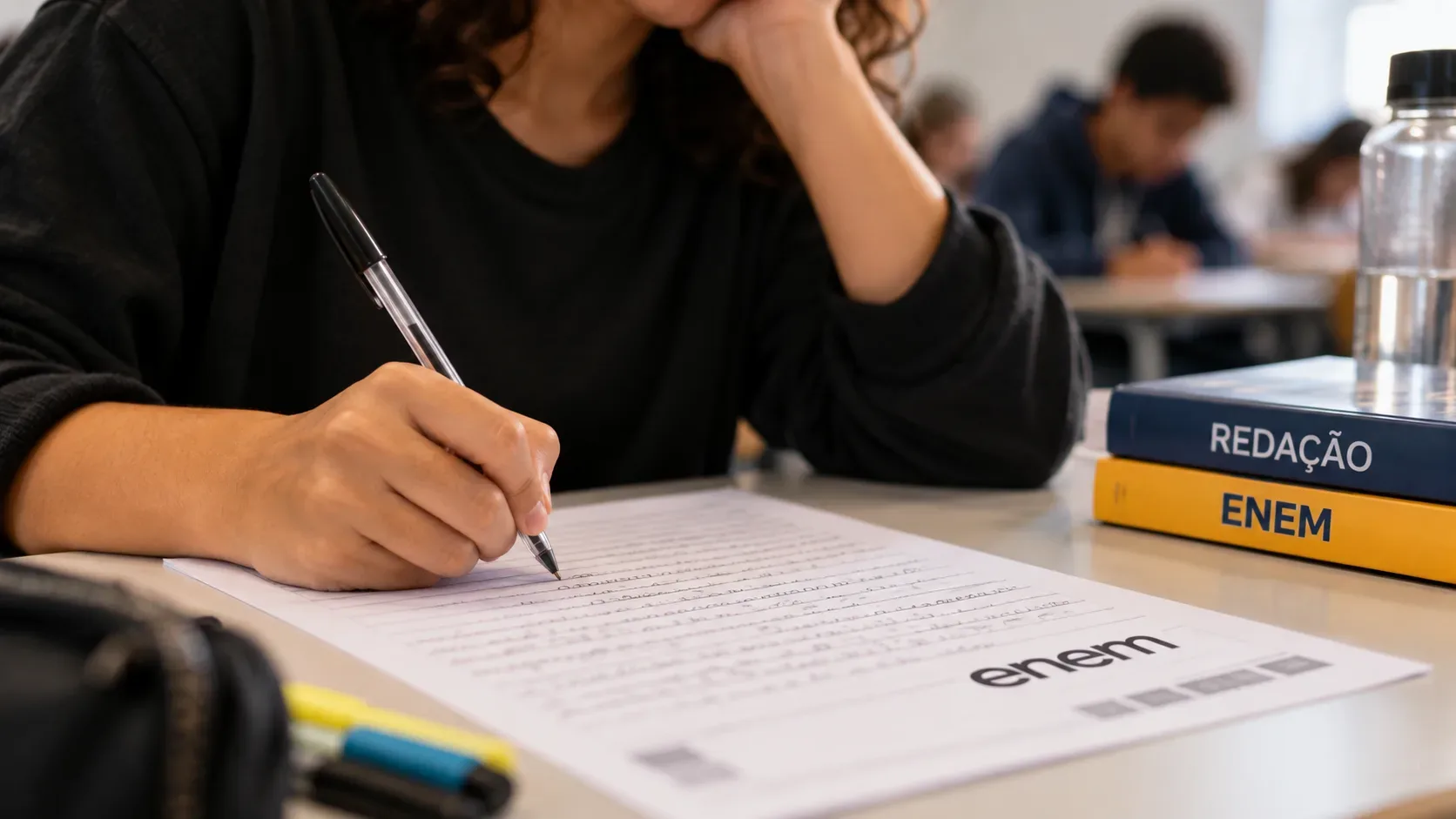 Estudante escreve à mão uma redação em sala de prova, com livros sobre redação e Enem ao lado.