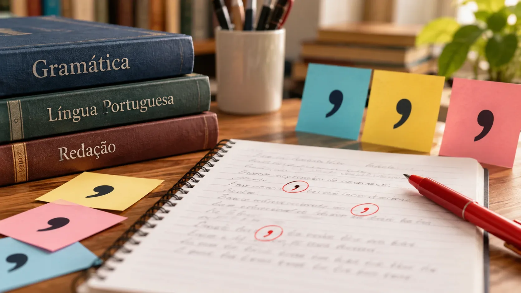 Caderno aberto com vírgulas circuladas em vermelho, caneta vermelha, livros de gramática e cartões coloridos com símbolos de vírgula.
