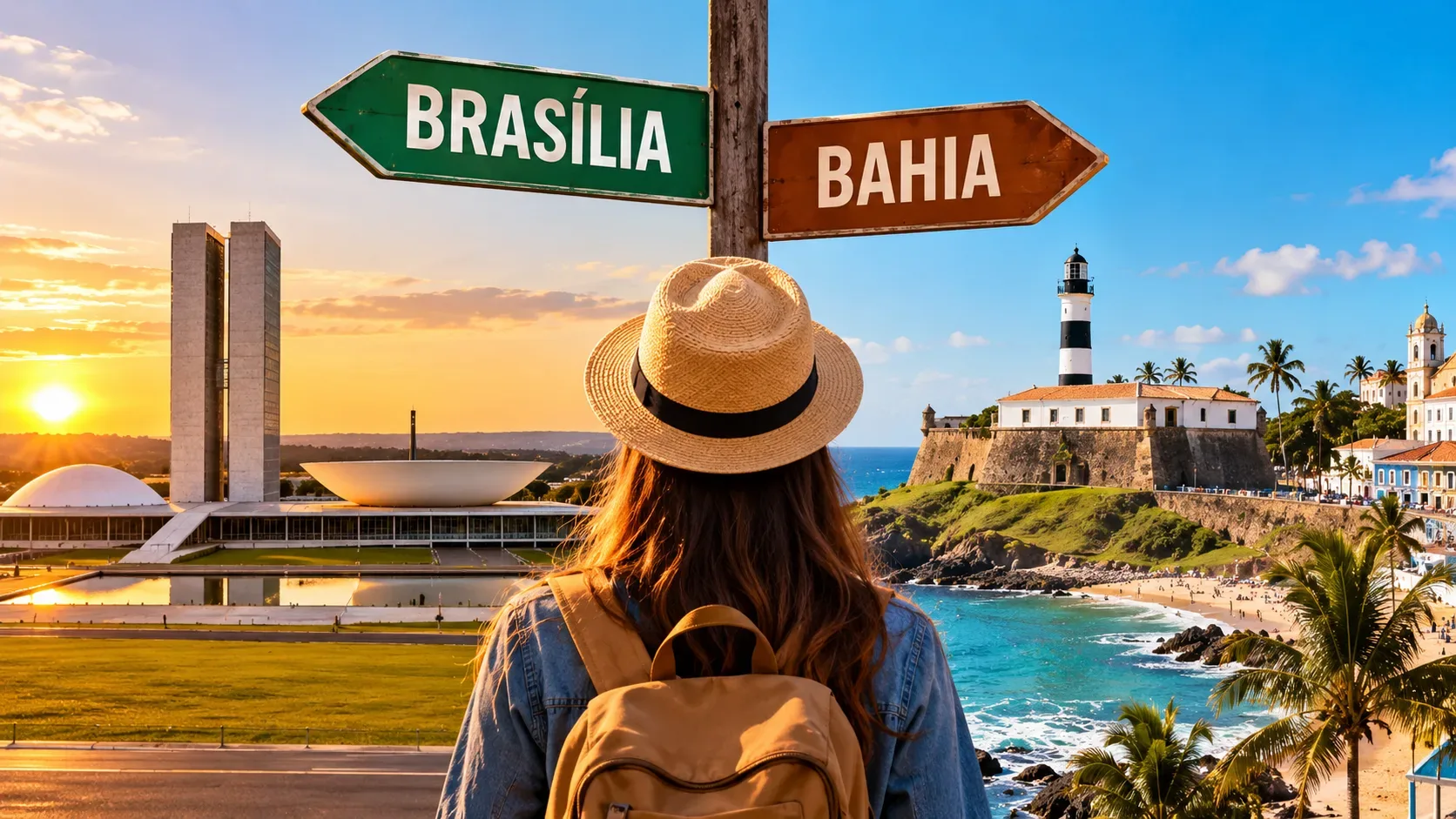 Viajante de costas diante de placas para Brasília e Bahia, com a arquitetura cívica de Brasília de um lado e o litoral baiano com farol do outro.