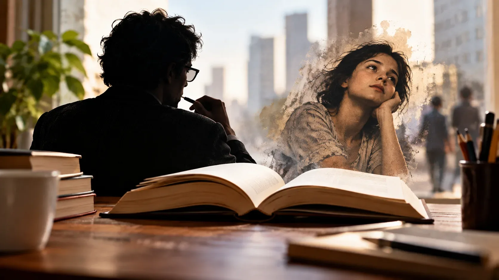 Livro aberto sobre mesa com um escritor em primeiro plano e a imagem etérea de uma jovem surgindo das páginas, sugerindo a relação entre narrador e protagonista.