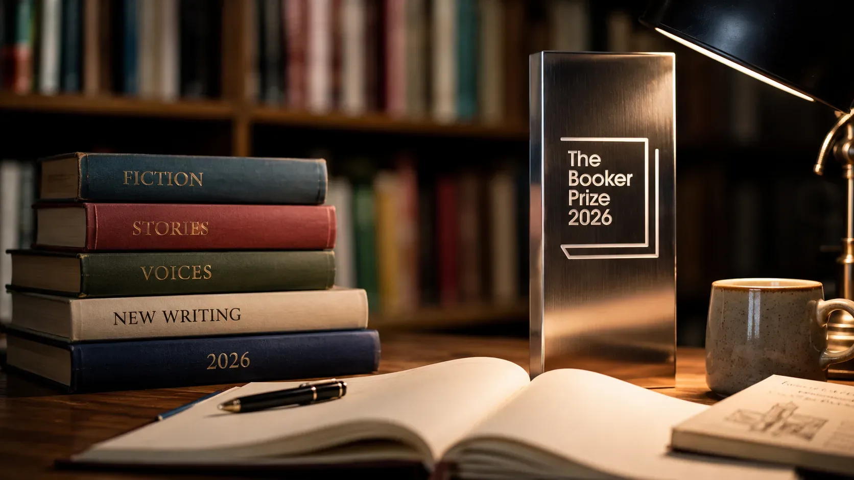 Mesa de biblioteca iluminada com pilha de livros, caderno aberto, luminária e placa metálica com a inscrição The Booker Prize 2026.