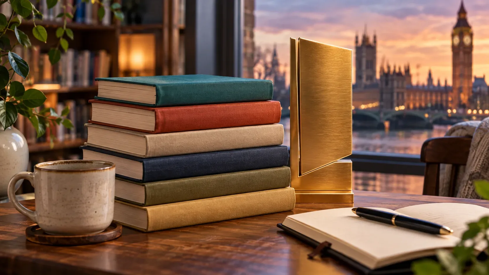 Pilha de livros e troféu dourado sobre mesa de leitura, com o Parlamento britânico e o Big Ben ao fundo no pôr do sol.