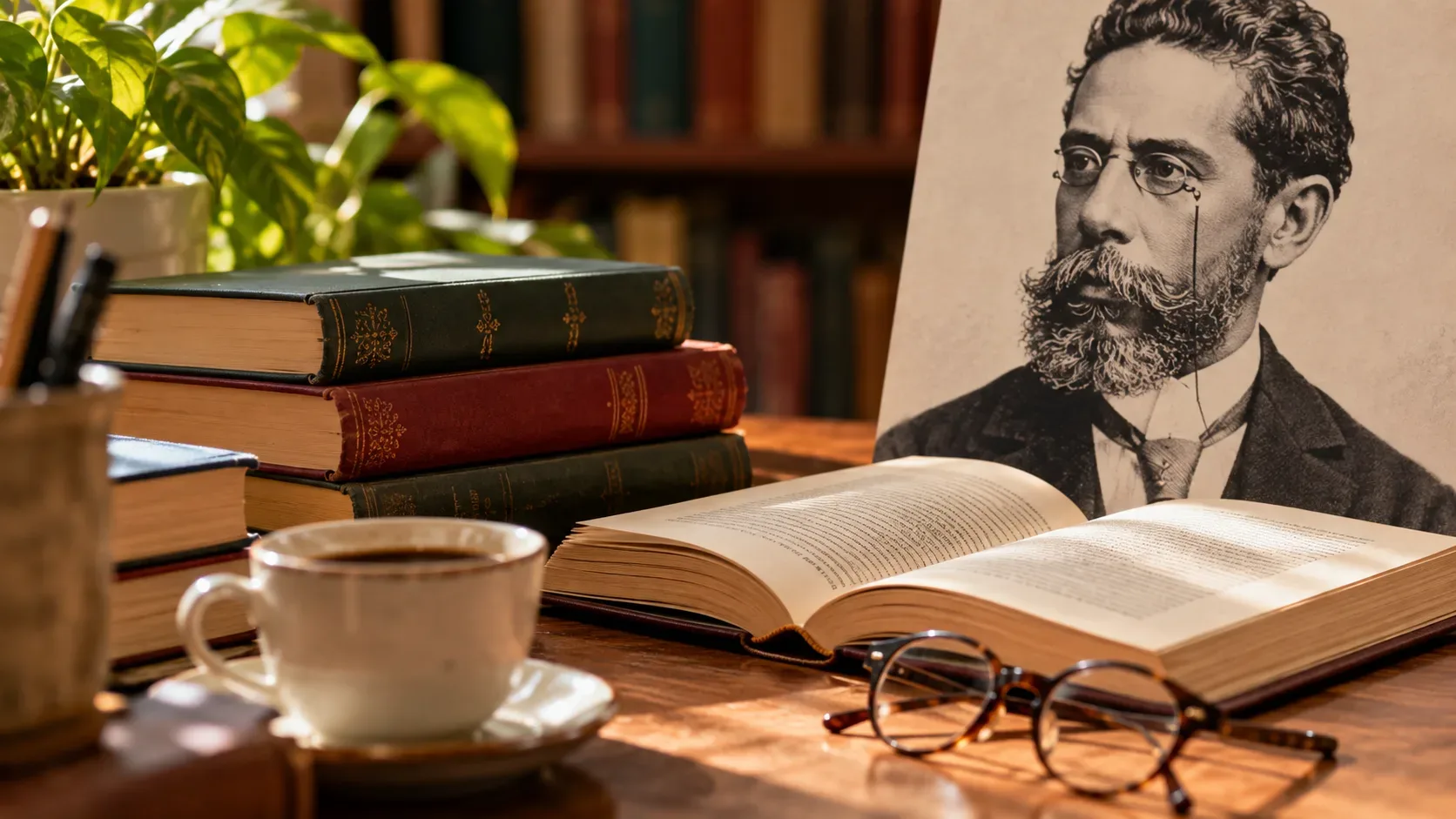 Livros de capa dura empilhados, volume aberto, caderno e xícara de café sobre mesa de madeira, ao lado de retrato de Machado de Assis.