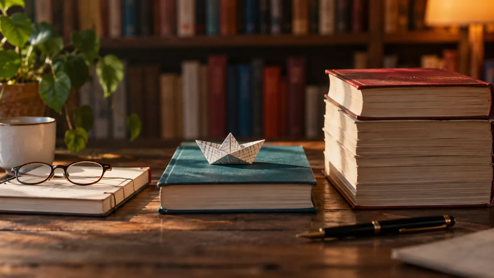 Mesa de leitura com três conjuntos de livros de espessuras diferentes, óculos, pequeno origami de papel e caneta diante de uma estante desfocada.