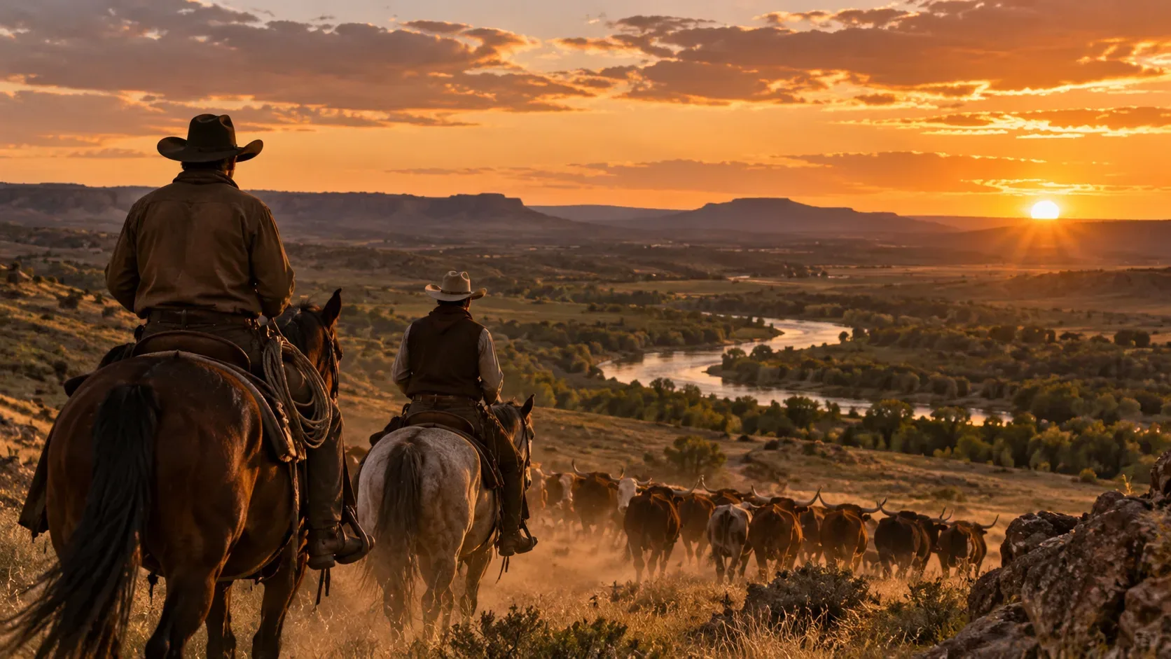 Dois cowboys a cavalo conduzem uma boiada por um vale do Oeste ao pôr do sol, com um rio sinuoso e formações rochosas ao fundo.