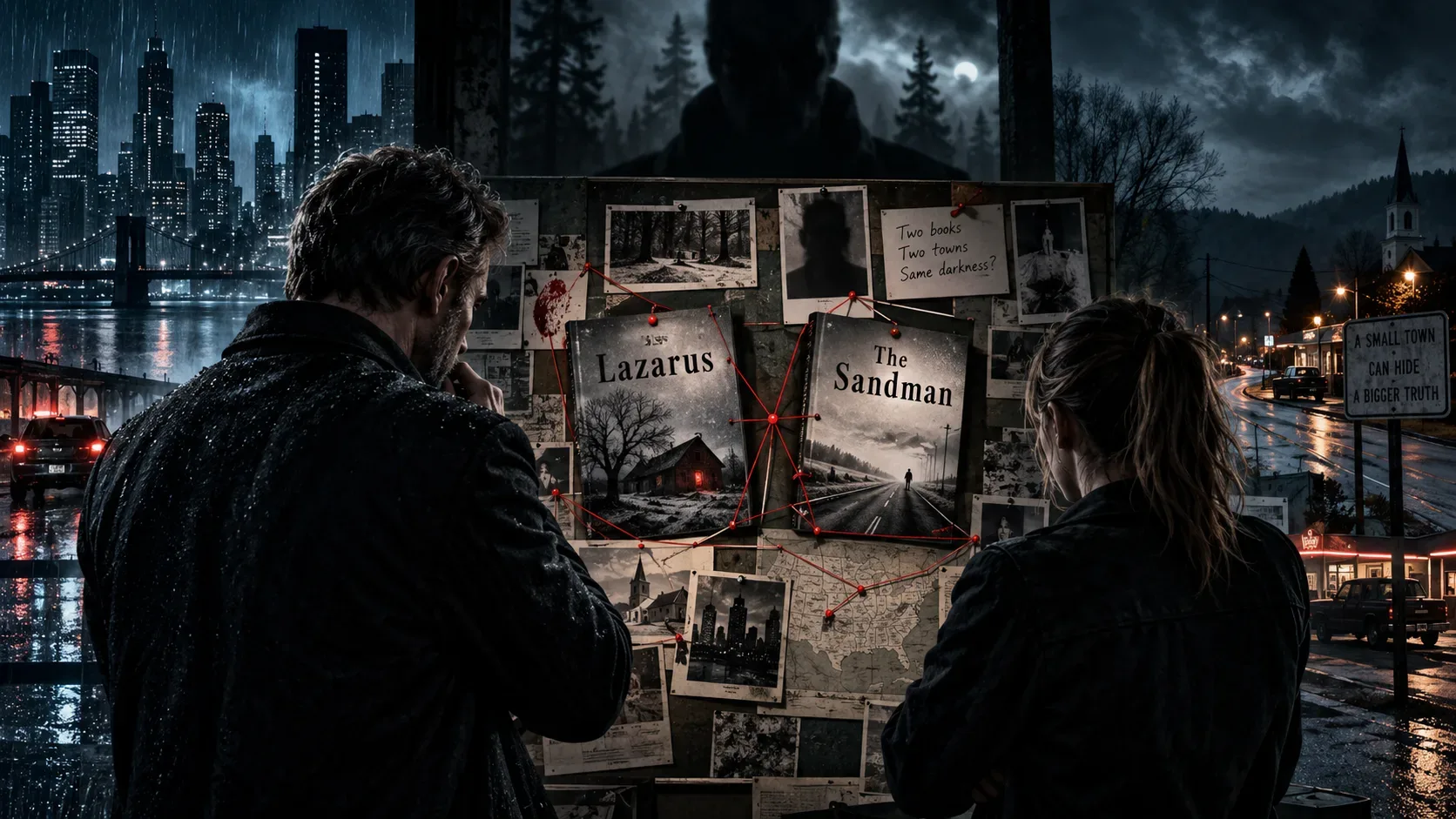 Dois investigadores diante de um painel de investigação que conecta Lazarus e The Sandman, com cidade chuvosa e pequena cidade ao fundo.