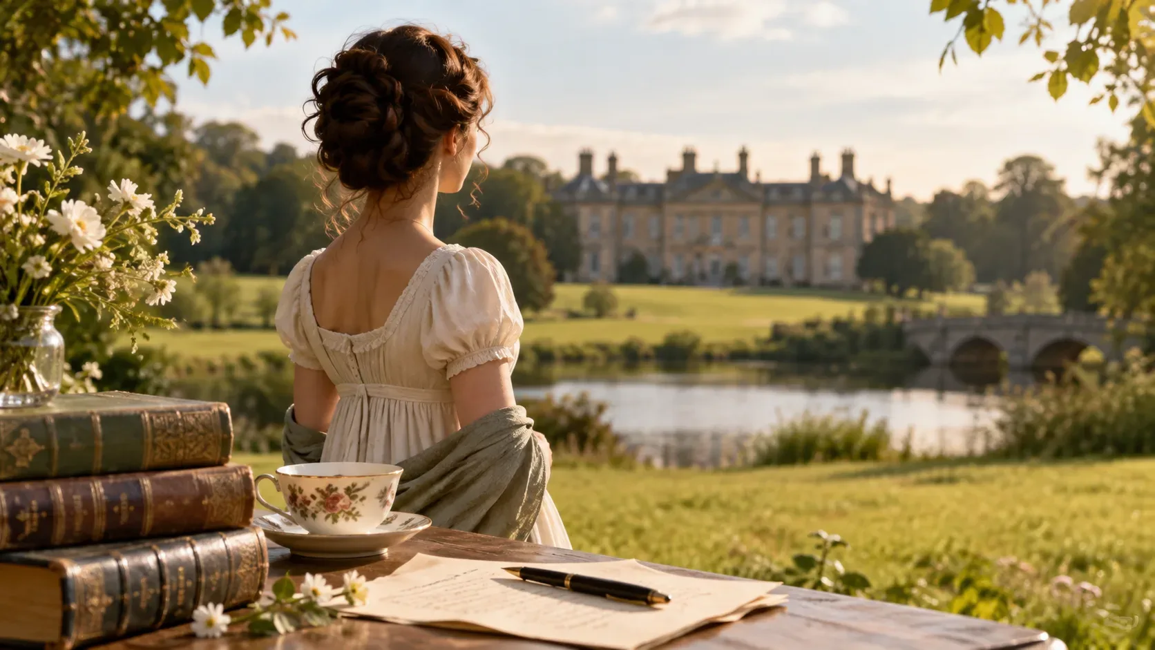 Mulher em vestido de época vista de costas diante de uma propriedade rural inglesa, com livros, xícara e carta sobre uma mesa em primeiro plano.