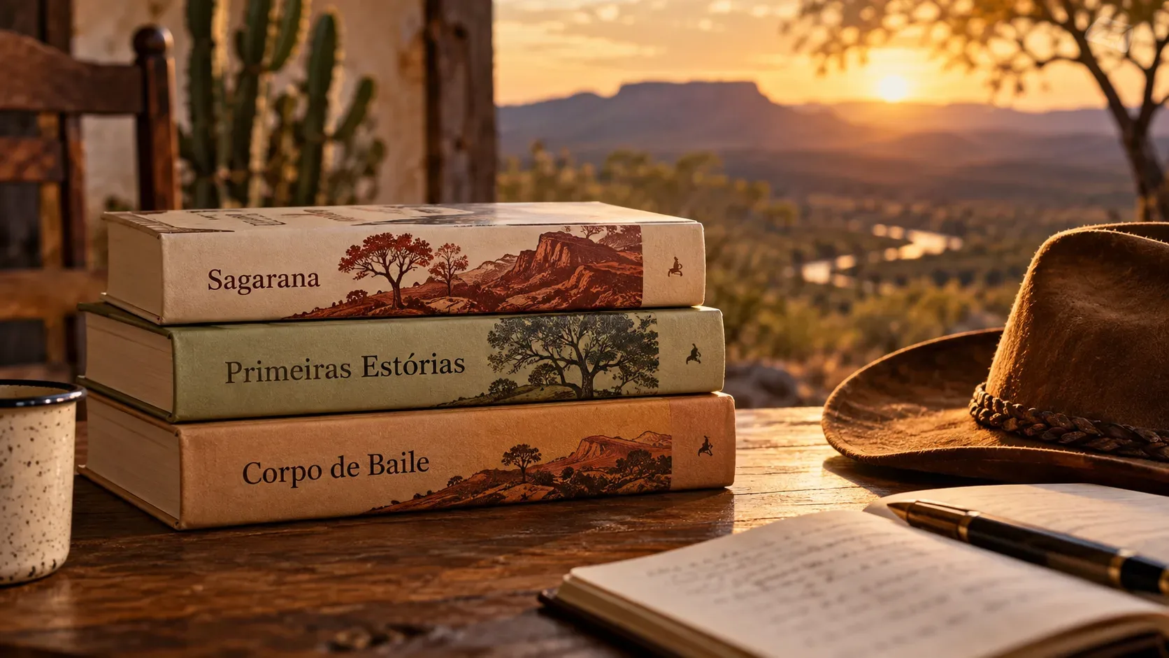 Três volumes de Guimarães Rosa empilhados sobre mesa rústica, ao lado de chapéu e caderno, com paisagem do sertão ao pôr do sol ao fundo.