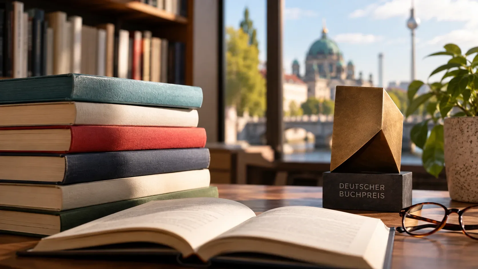 Pilhas de livros e um livro aberto sobre uma mesa, com óculos e um troféu geométrico dourado diante de uma janela com paisagem urbana.