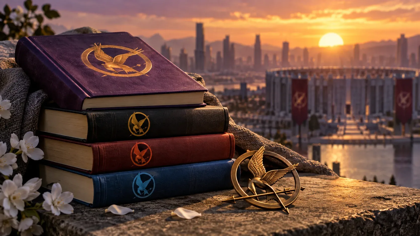 Pilha de livros com símbolos dourados de pássaro diante de uma arena e cidade distópica ao pôr do sol, com broche metálico e flores brancas em primeiro plano.