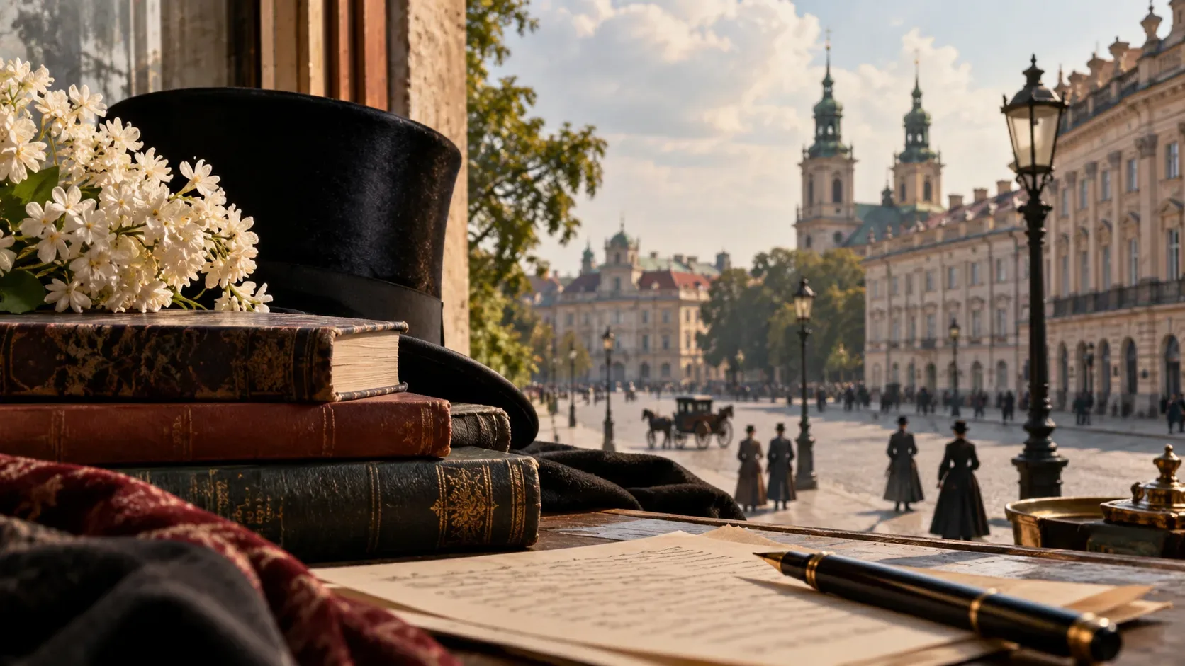 Livros antigos, cartola, flores, cartas e uma caneta diante de uma praça de inspiração varsoviana do século XIX, com carruagem e pedestres de época.