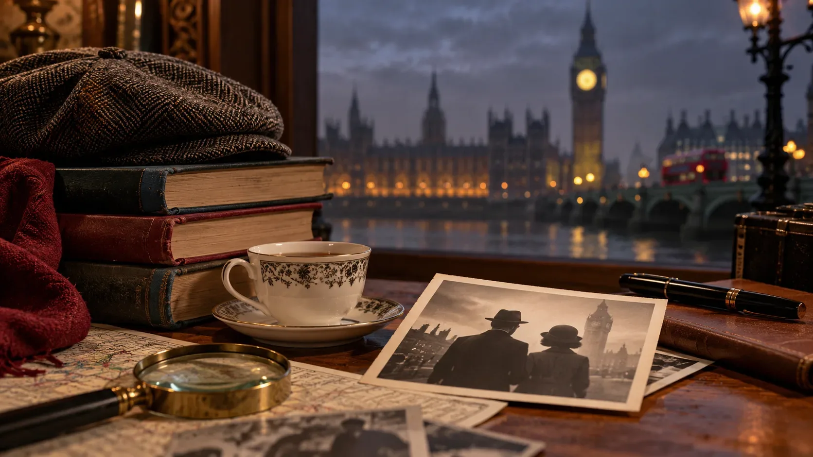 Mesa de leitura com livros antigos, lupa, xícara, mapa de Londres e fotografia de um casal de investigadores, com o Big Ben ao fundo.
