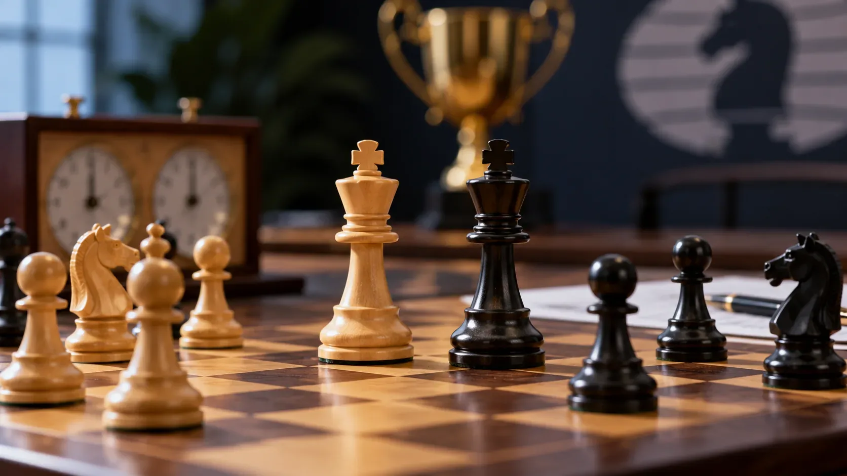 Tabuleiro de xadrez em ambiente de torneio, com reis claros e escuros em destaque, relógio de xadrez e troféu ao fundo.