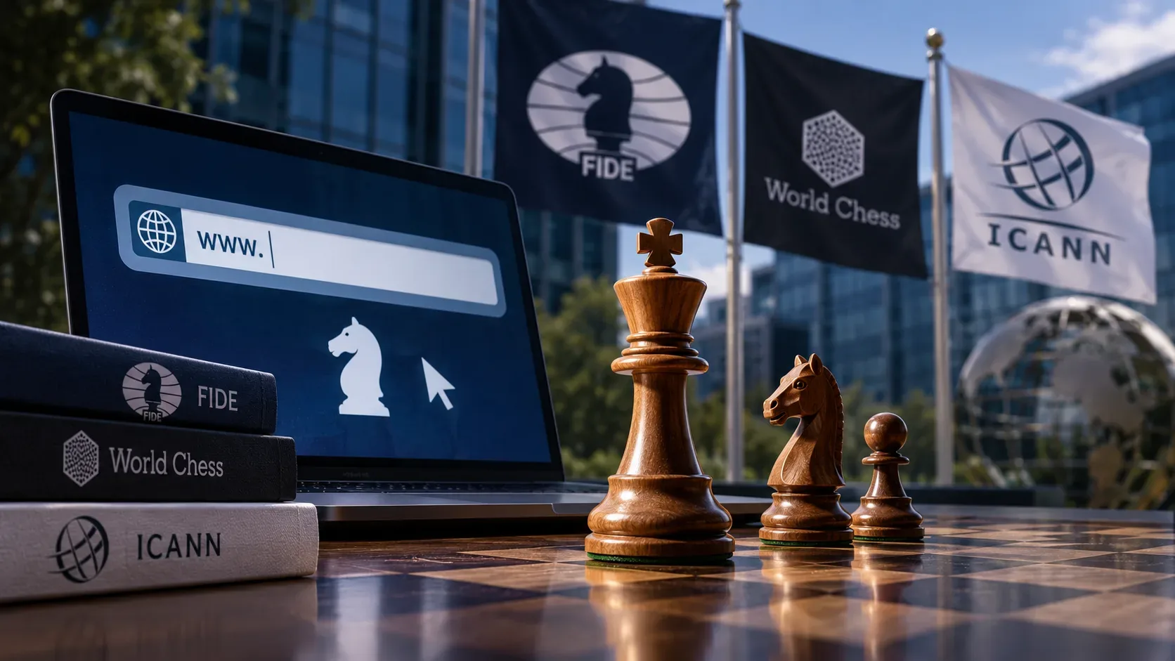 Tabuleiro de xadrez com peças em primeiro plano, notebook com barra de endereço e bandeiras ao fundo representando FIDE, World Chess e ICANN.