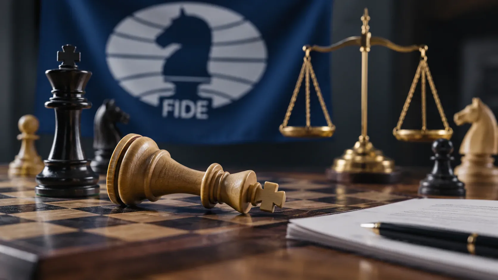 Rei de xadrez claro tombado sobre o tabuleiro diante de peças, balança de justiça, documentos e um estandarte da FIDE ao fundo.