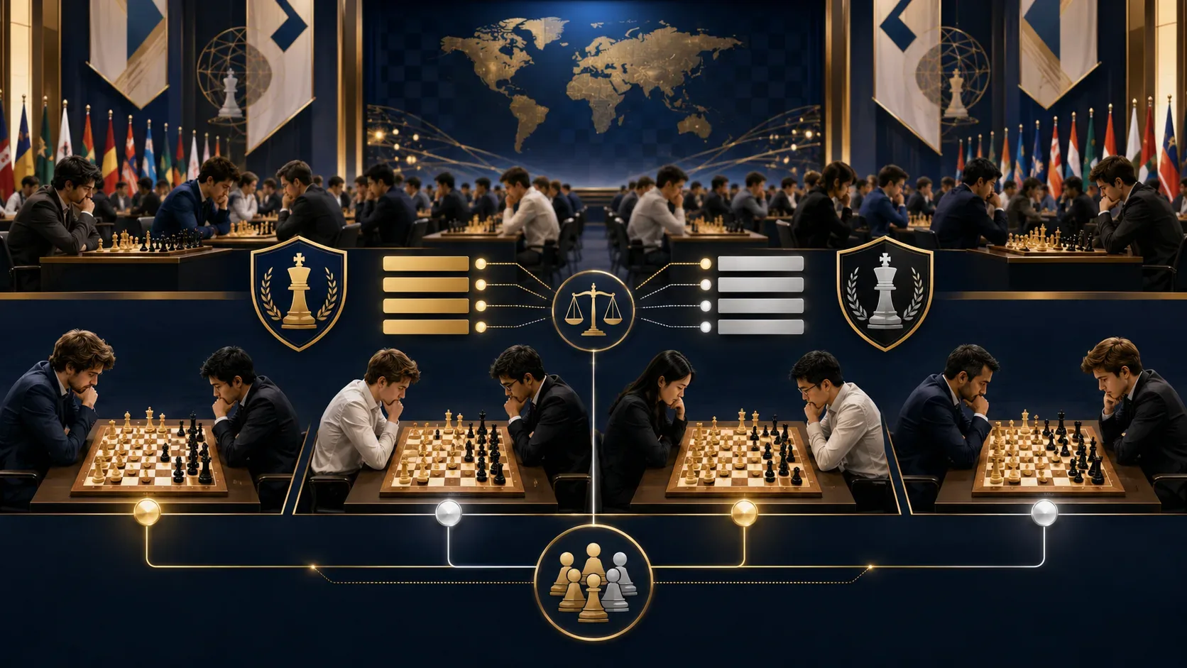 Salão de torneio internacional de xadrez com quatro tabuleiros em destaque e conexões visuais que representam pontuação e classificação por equipes.