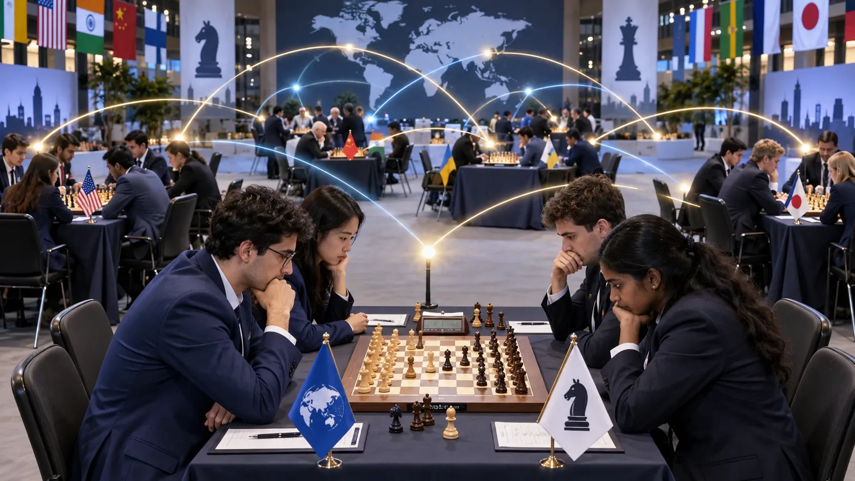 Salão de torneio internacional de xadrez com várias equipes em mesas, tabuleiro central e arcos luminosos conectando diferentes confrontos ao fundo.