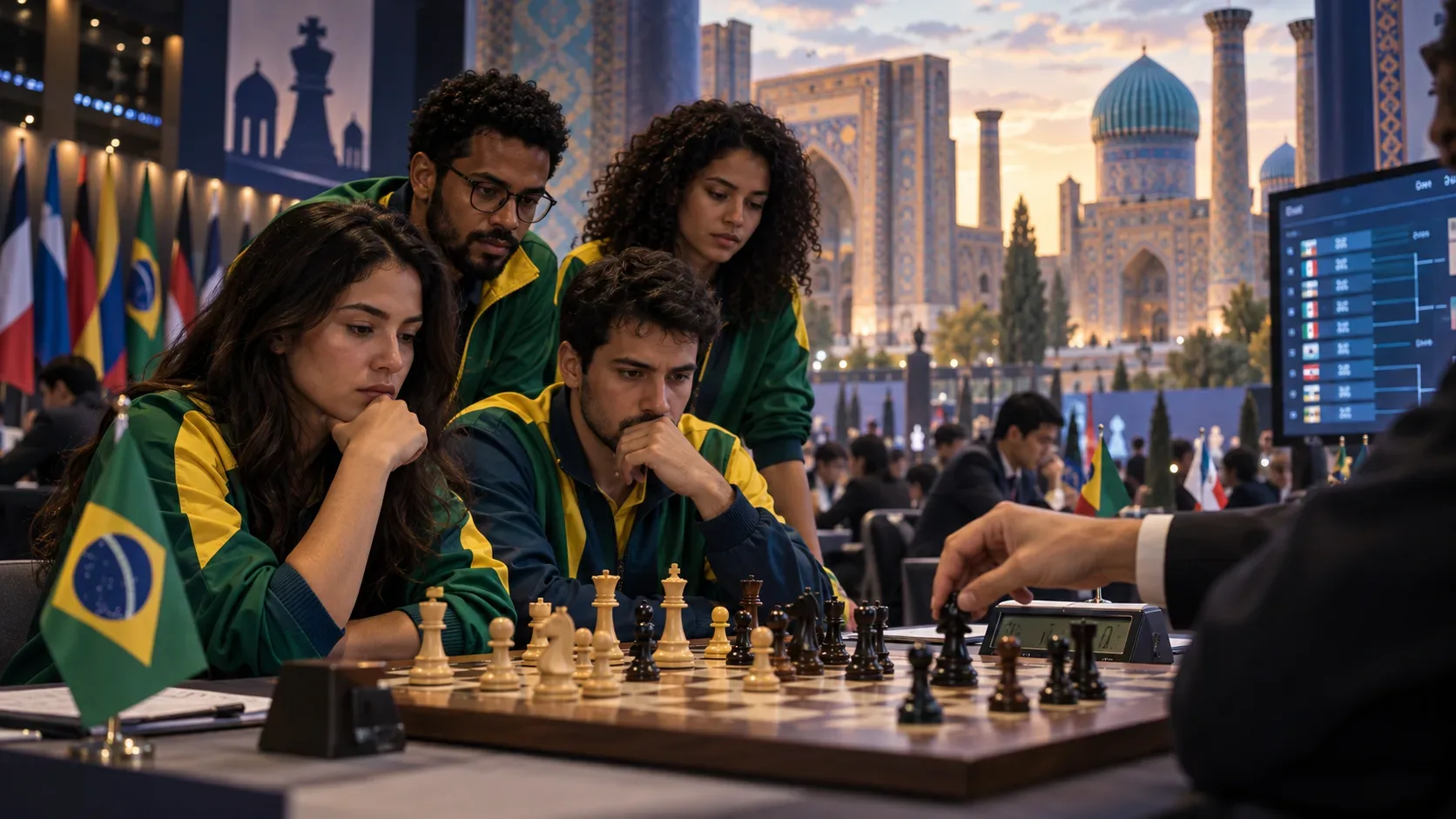 Enxadristas brasileiros em torno de um tabuleiro durante torneio em Samarcanda, com bandeira do Brasil, relógio de xadrez e arquitetura azul da cidade ao fundo.