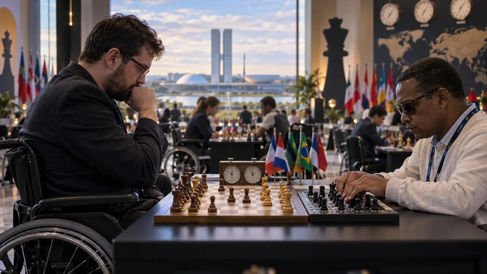 Jogadores em torneio internacional de xadrez inclusivo, com um competidor em cadeira de rodas e outro usando tabuleiro tátil, diante de relógios e bandeiras.
