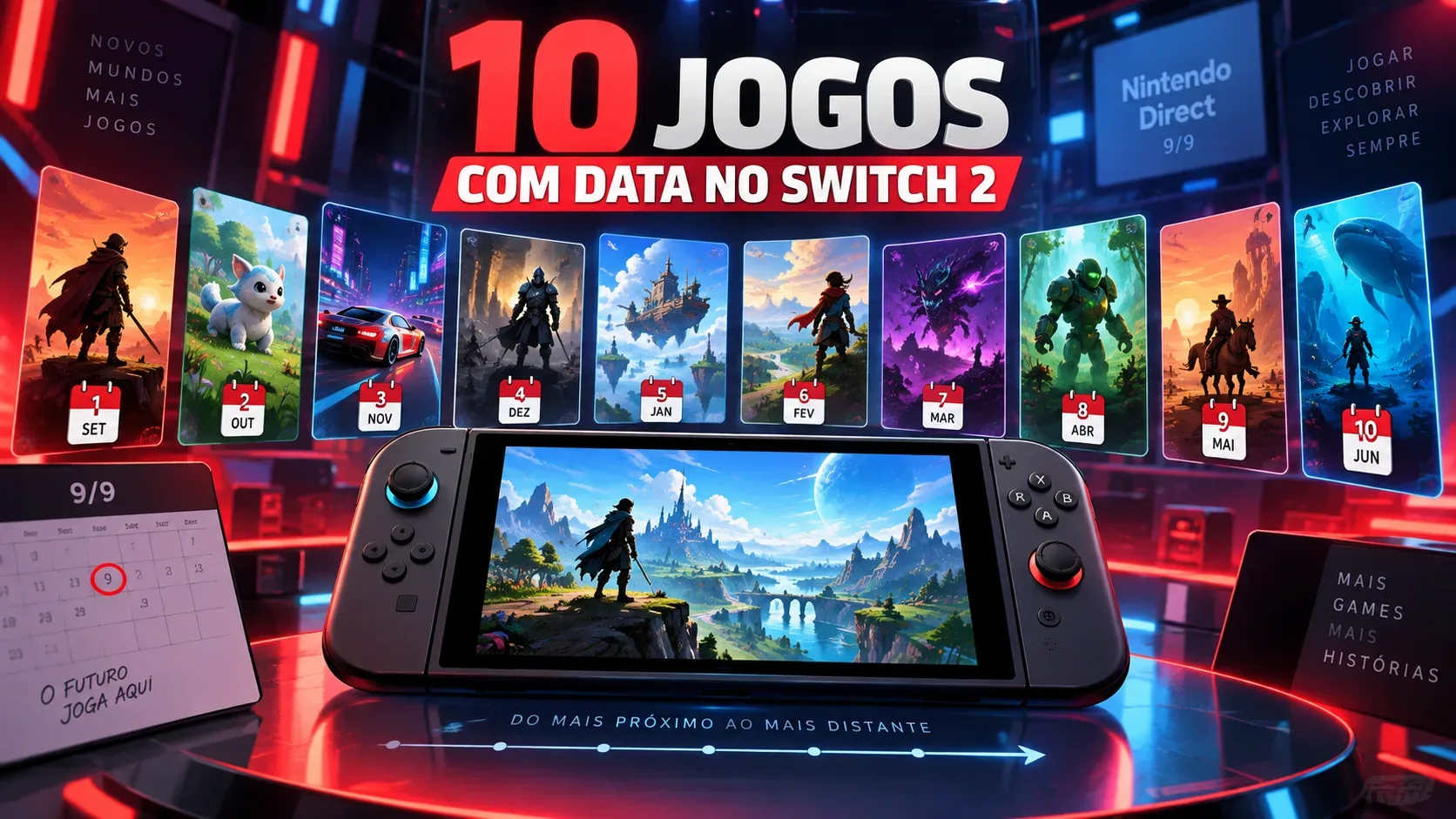 Console portátil em cenário neon diante de dez cartões de jogos e uma linha do tempo de lançamentos, com estética de apresentação de games.