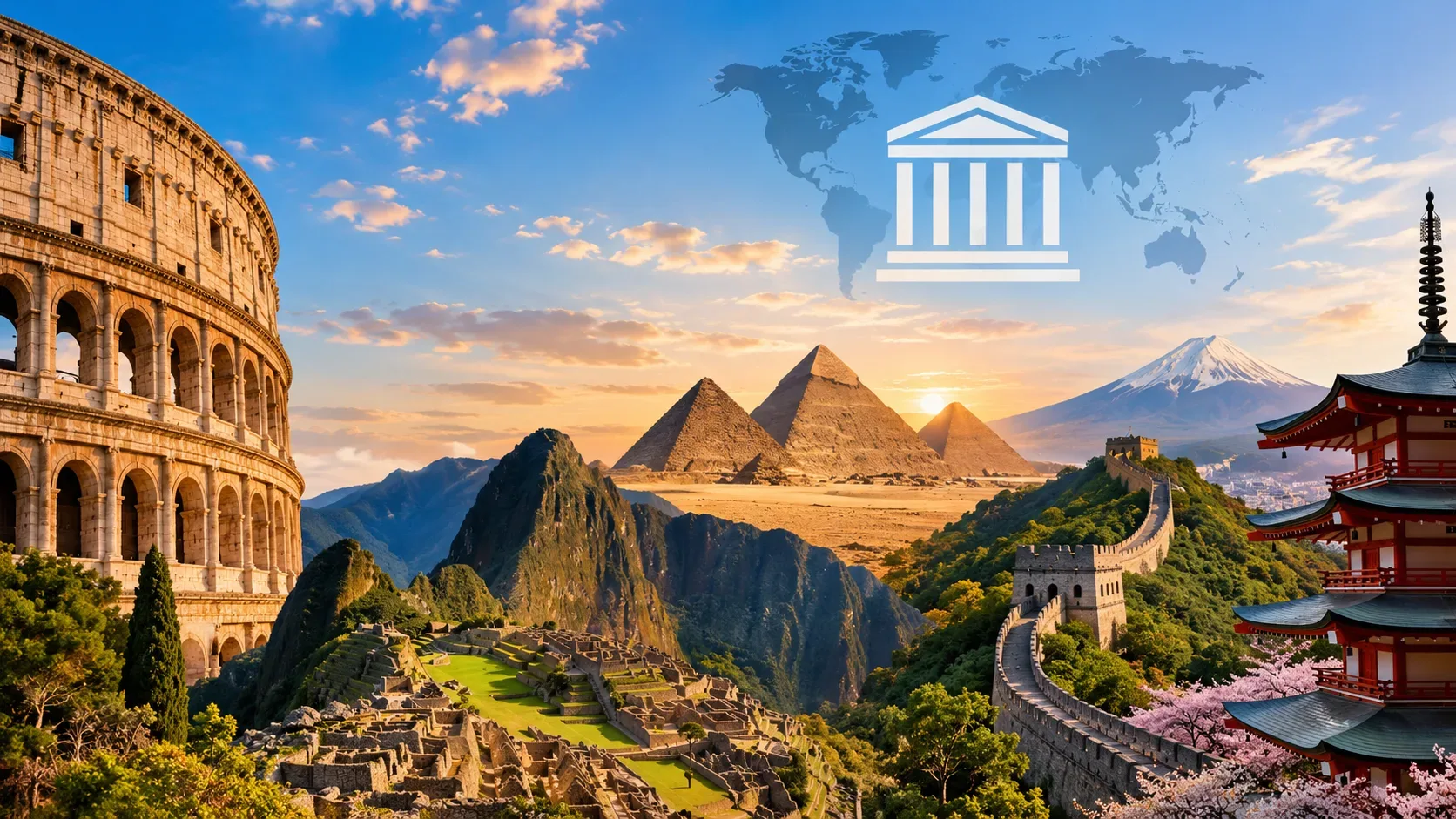Colagem panorâmica com Coliseu, Machu Picchu, pirâmides do Egito, Grande Muralha, pagode japonês, Monte Fuji e mapa-múndi ao fundo.