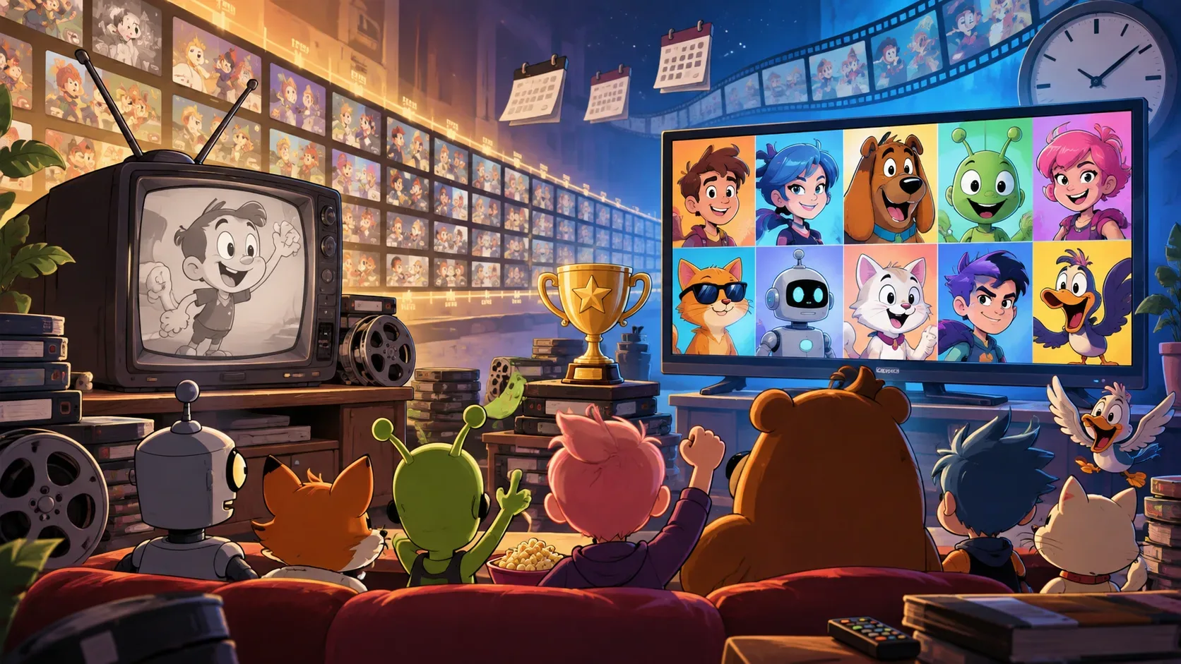 Personagens cartunescos originais assistem a uma televisão moderna ao lado de uma TV de tubo, cercados por rolos de filme, calendários e uma parede de quadros que sugere centenas de episódios.