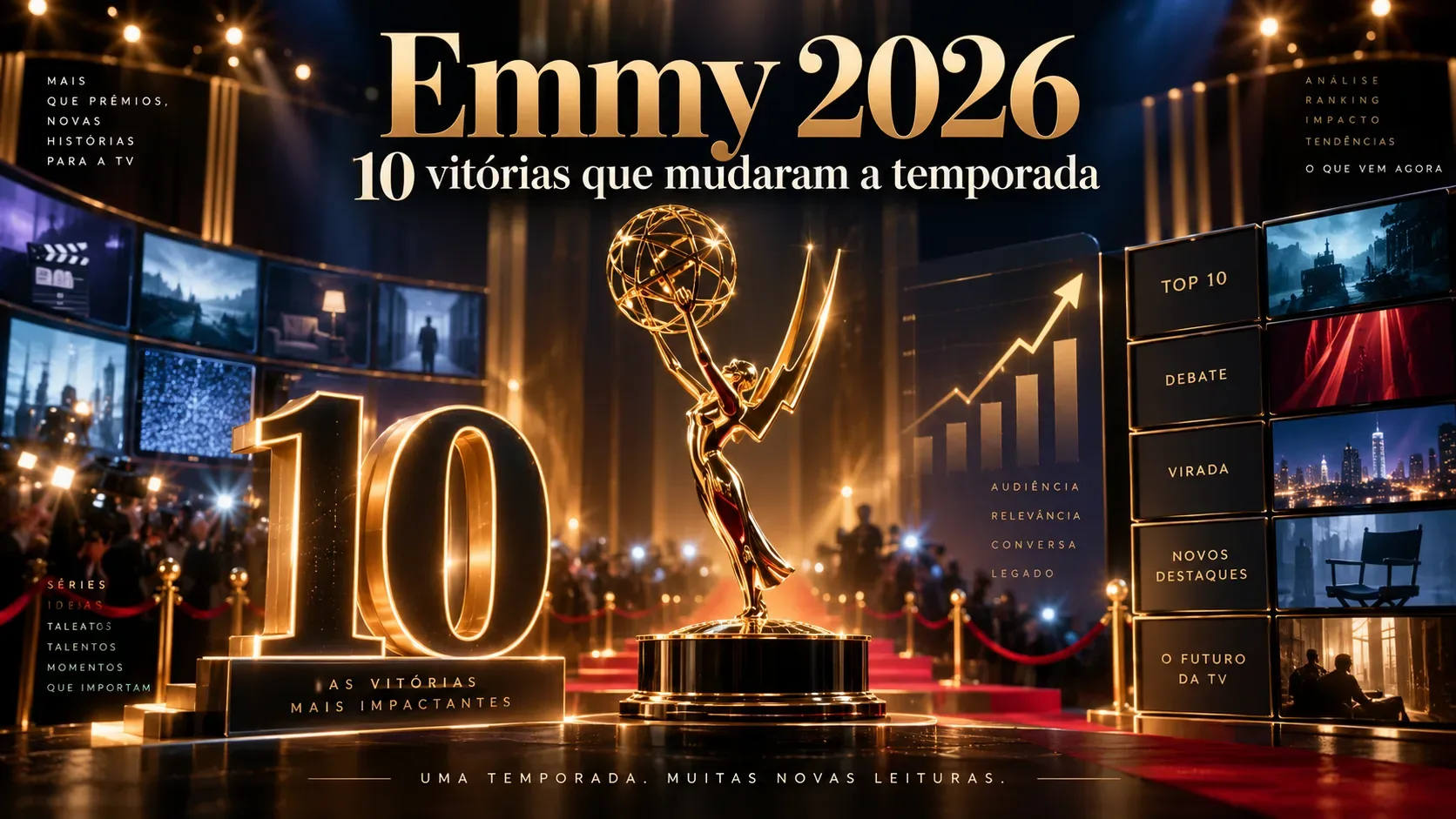 Troféu dourado ao centro em cenário de premiação, grande número 10, telas laterais e gráfico ascendente, com o título “Emmy 2026” no topo.