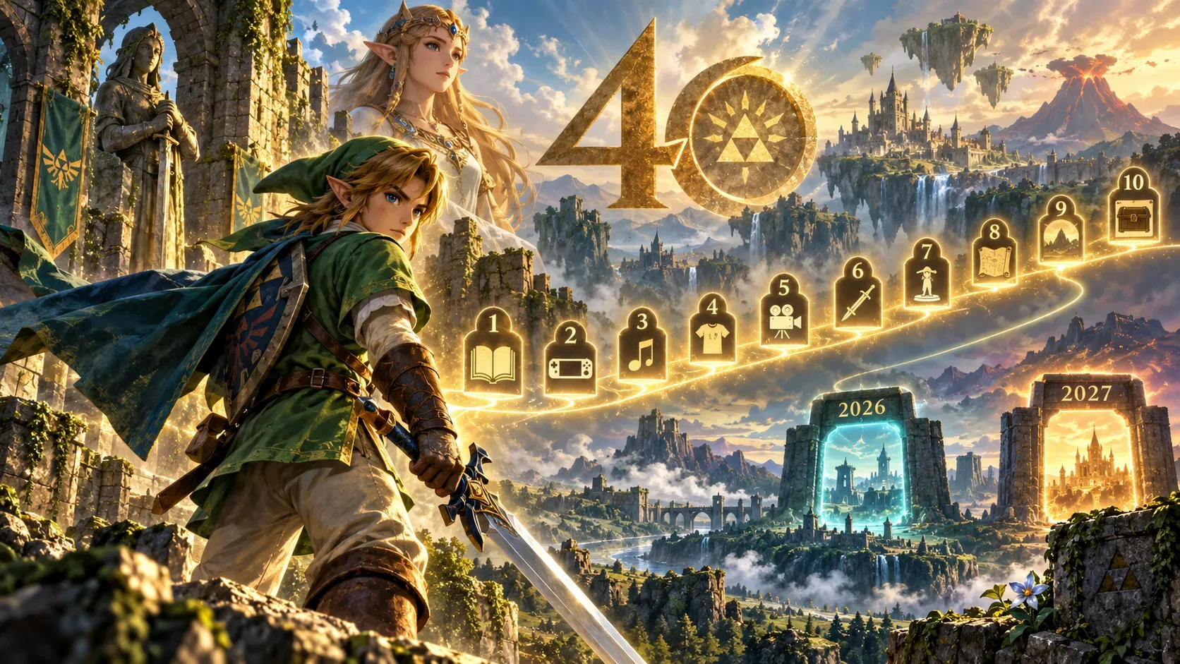 Herói de fantasia em verde diante de um reino épico, com princesa ao fundo, grande símbolo dourado de 40 anos e uma trilha luminosa numerada de 1 a 10 entre portais marcados 2026 e 2027.