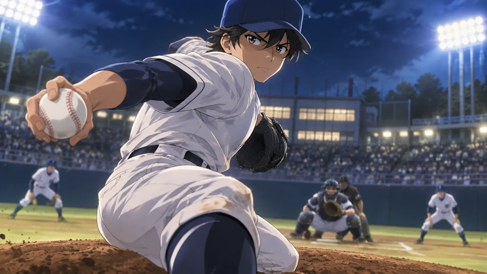 Arremessador de beisebol em estilo anime no montinho sob refletores noturnos, com catcher e jogadores ao fundo.