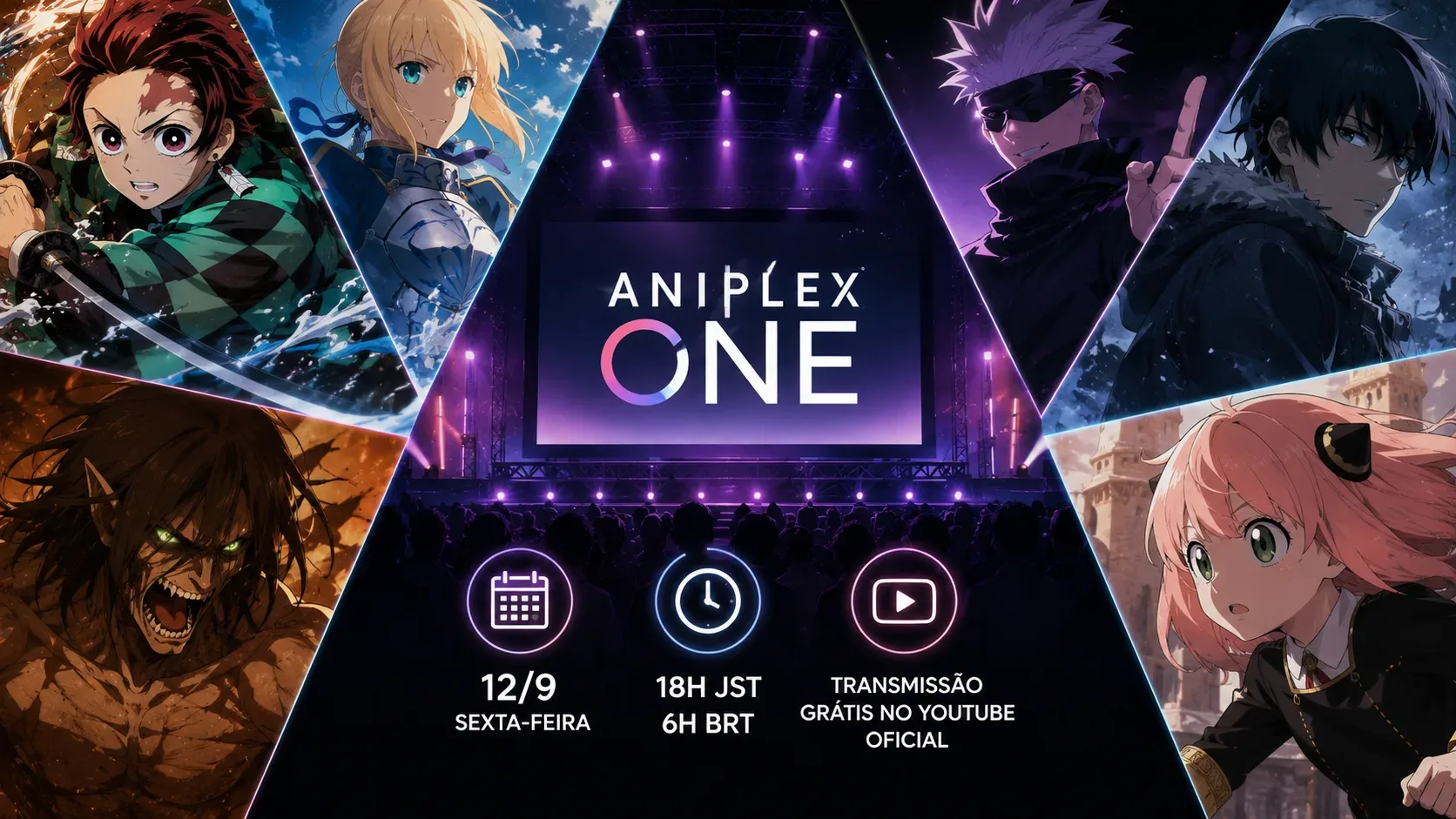 Montagem em estilo anime com palco iluminado em roxo, painel central com Aniplex One, personagens em quadros diagonais e ícones de data, horário e YouTube.