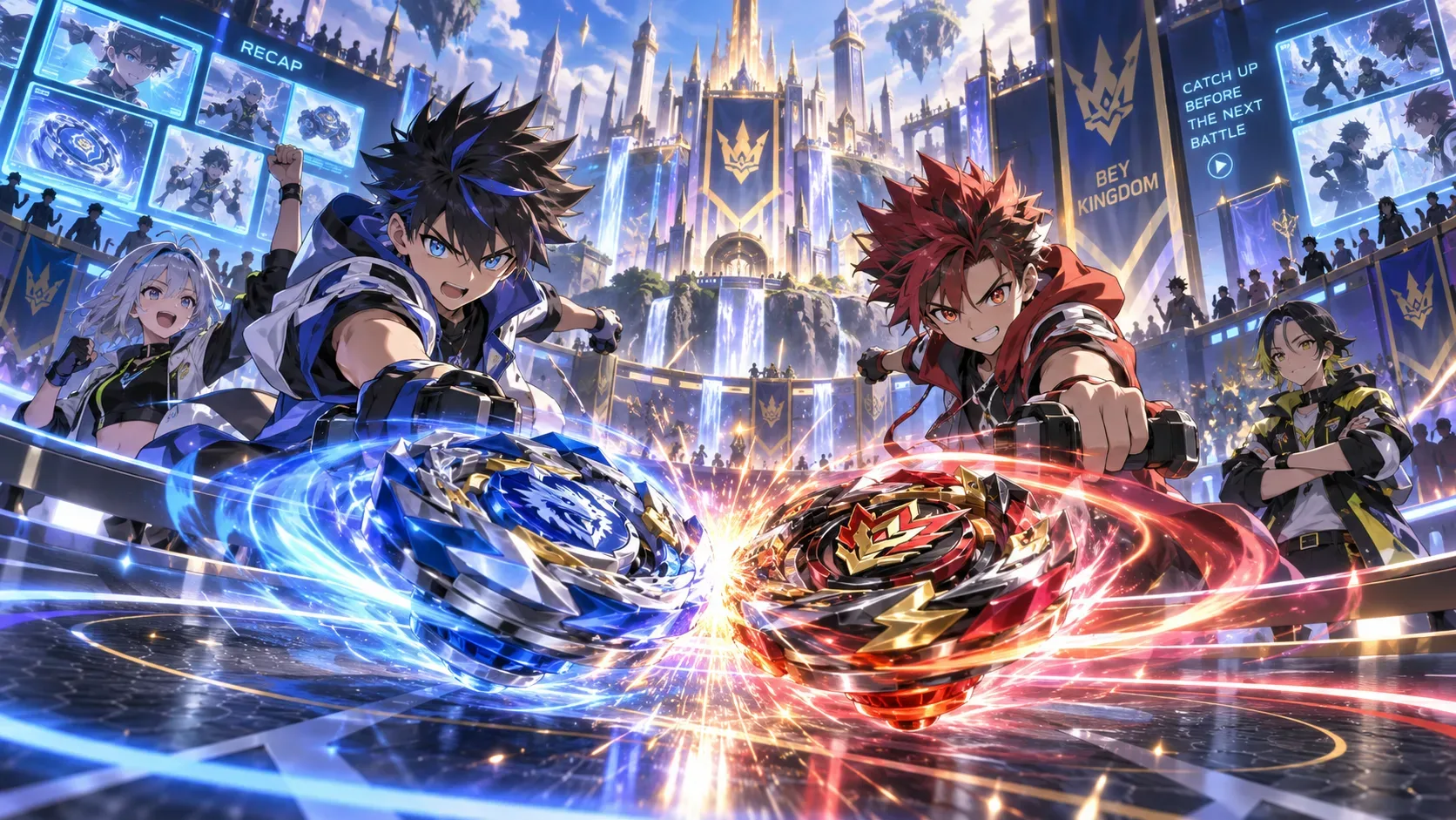 Dois jovens competidores em uma arena futurista observam piões azul e vermelho colidindo diante de um cenário de reino tecnológico, com telas de retrospectiva ao fundo.