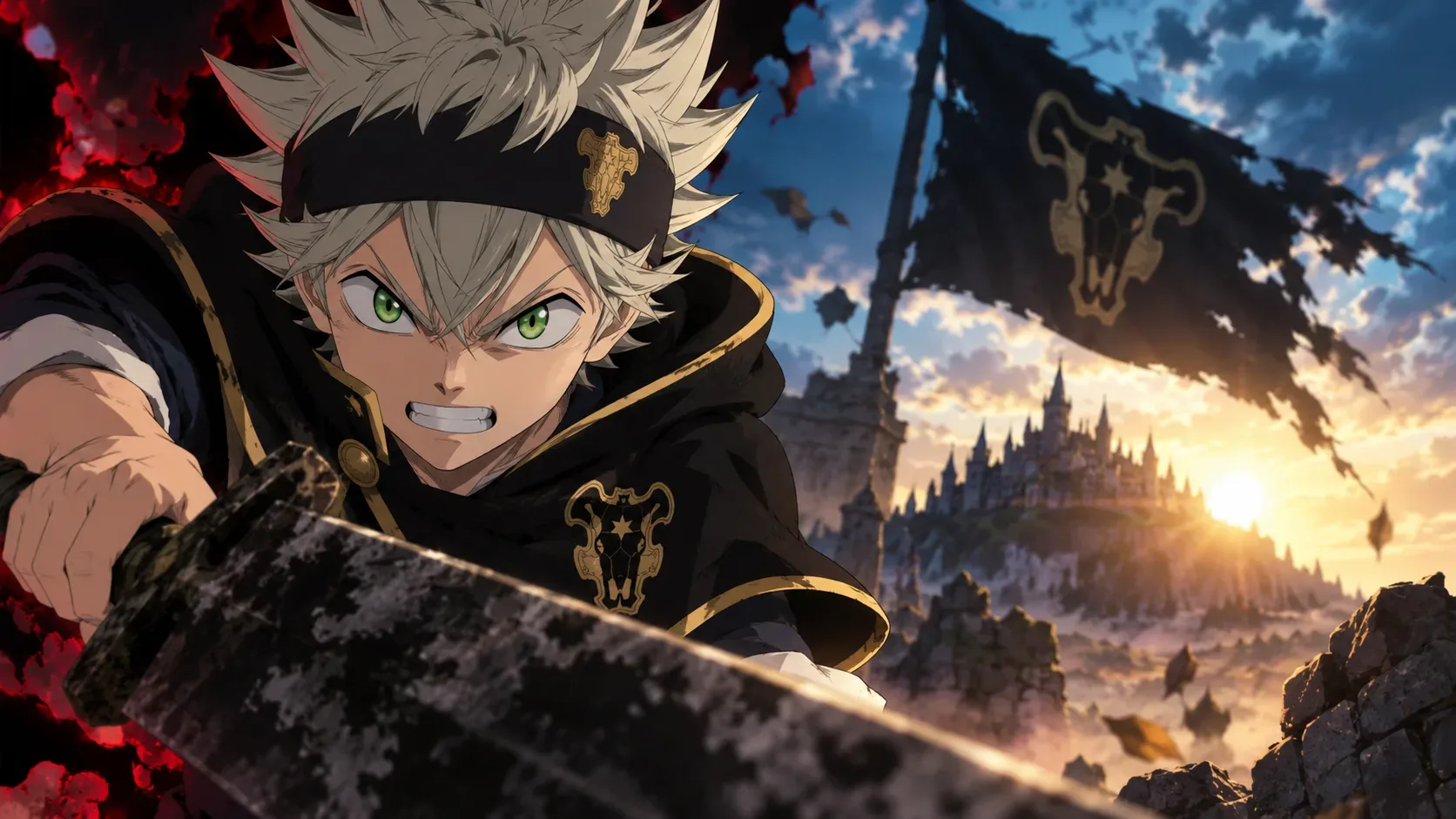 Guerreiro de anime de cabelos prateados empunha uma espada enorme diante de um castelo em ruínas e um estandarte escuro sob céu dramático.