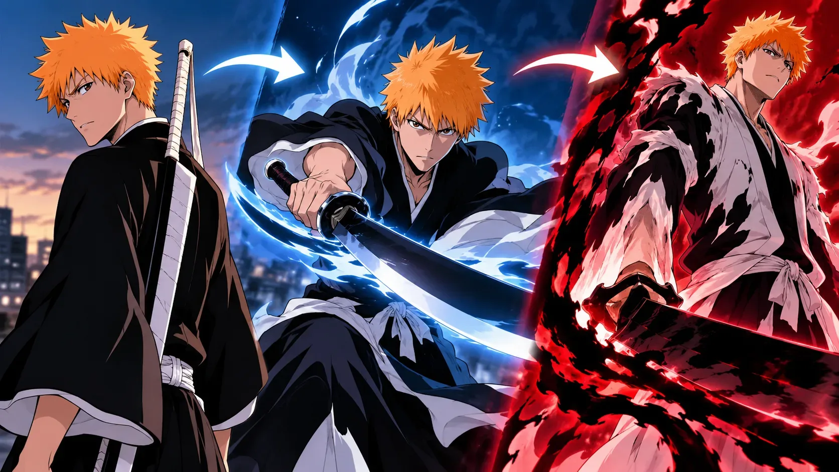 Ichigo Kurosaki aparece em três estágios de combate ligados à evolução de sua espada, com energia azul ao centro e aura vermelha intensa à direita.
